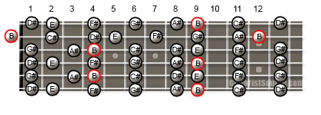 Guitar Scale Patterns for the B Major Scale in Open G Tuning